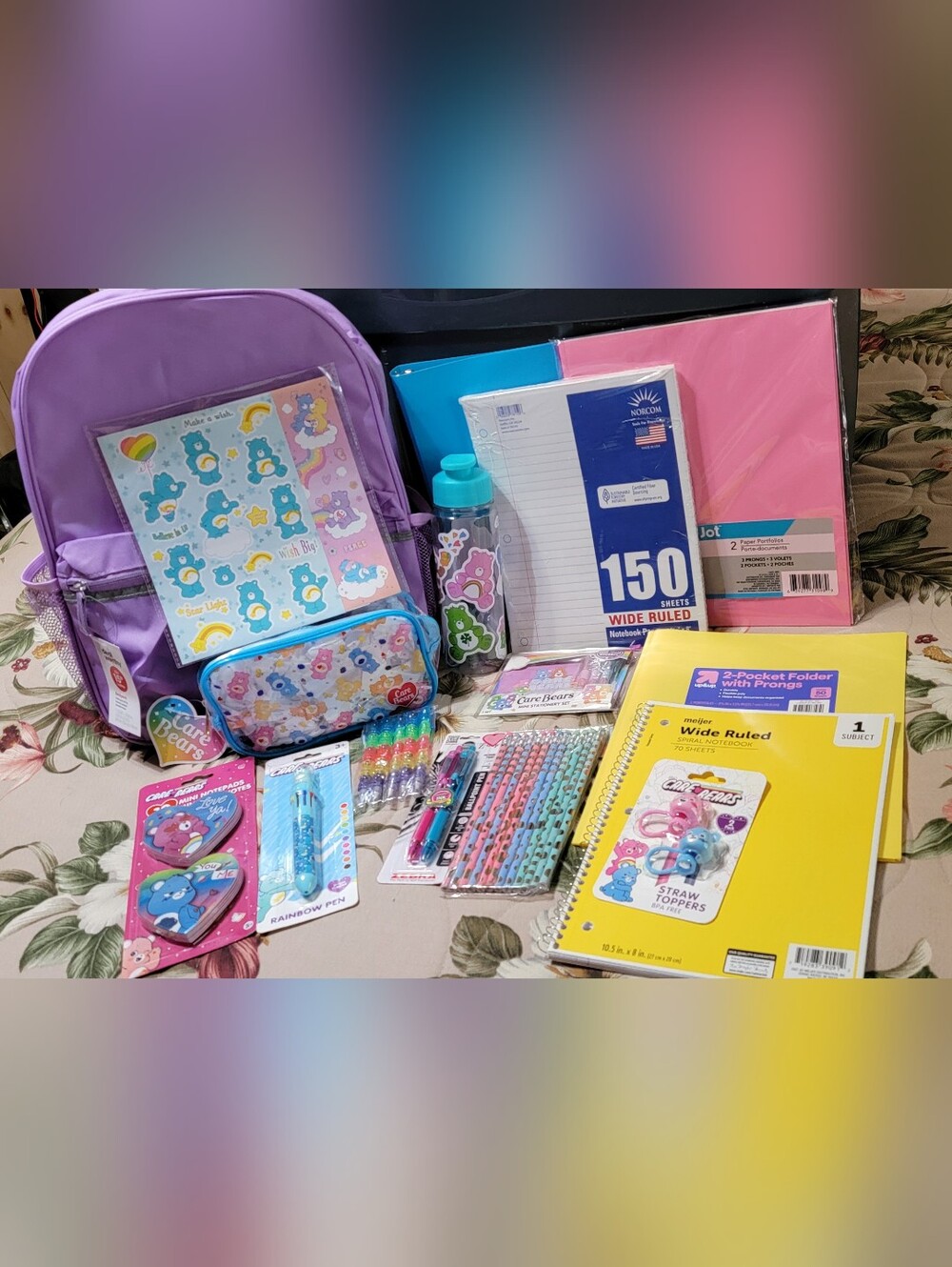 820-Care Bears Purple Backpack with  Matching Pencil Case and Accessories